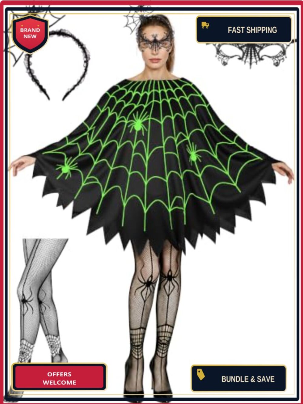 Glow in Dark Spider Web Poncho Costume Set 4 Pcs Women Halloween